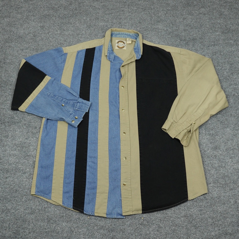 Texas Dry Goods Shirt Mens XL Tan Blue Black Colorblock Vertical Stripe Denim